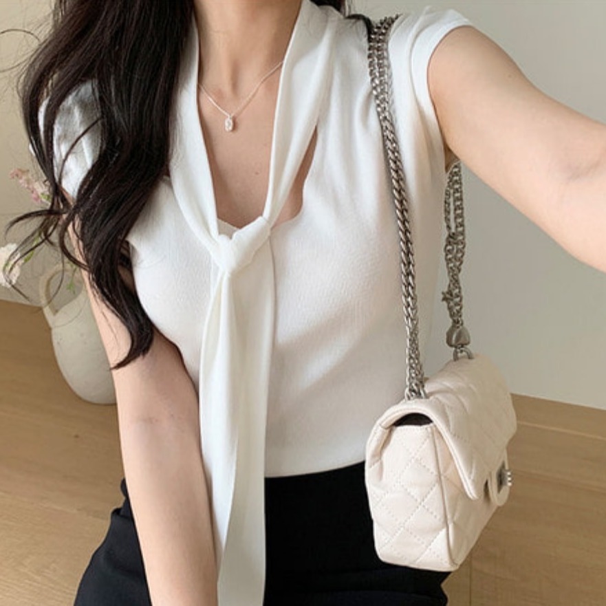 있음 선적 사이즈 업데이트 chic 여름 새로운 ins 프랑스식 달콤함 레이스업 얇은 스타일 품격 반팔 니트 스웨터
