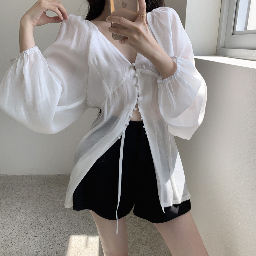 있음 선적 사이즈 업데이트 한국 chic 여름 새로운 V넥 레이스업 거품 소매 슬림해 보이는 싱글 줄 버튼 셔츠