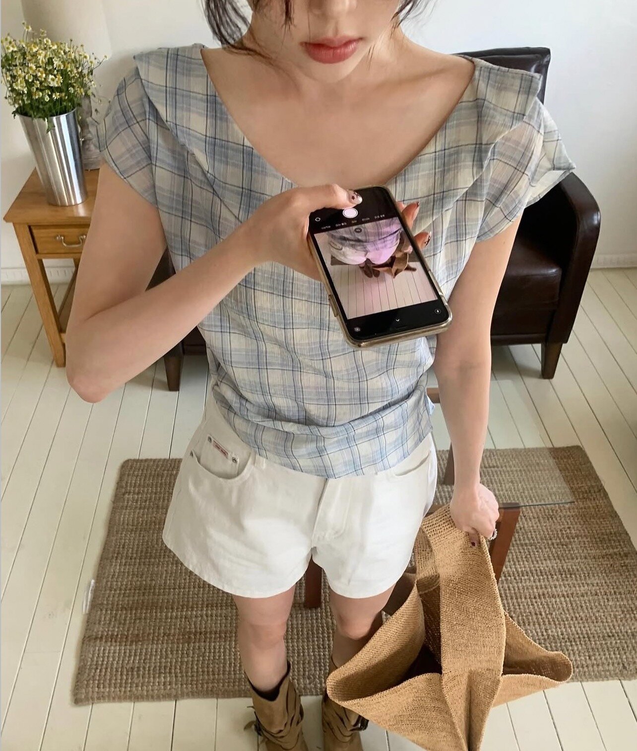 있음 선적 사이즈 업데이트 한국 chic 여름 새로운 레트로 달콤함 체크무늬 얇은 스타일 프릴 반팔 셔츠
