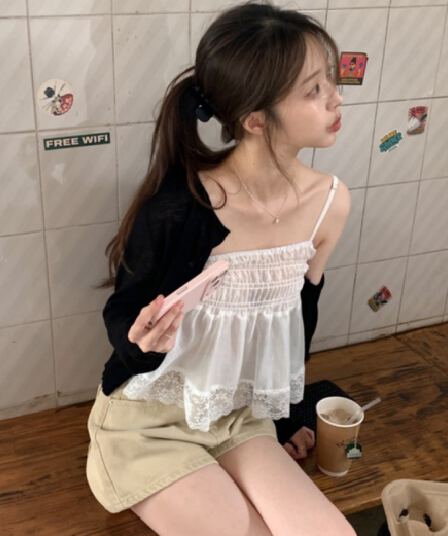 한국 chic 여름 새로운 ins 달콤함 레이스 조각 귀여운 다용도 캐미솔