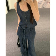 批发<b class='q'>韩国</b>chic夏季新款高级感褶皱腰无袖马甲背心＋屁帘休闲裤两件套
