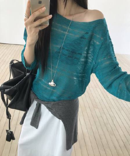 한국 chic 여름 새로운 ins 단색 홀로우 아웃 보트넥 느슨함 센스 긴팔 니트 스웨터