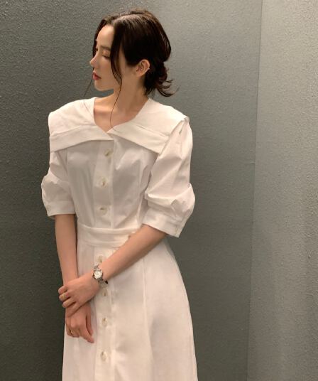 있음 선적 사이즈 업데이트 한국 chic 봄 여름 명문 여성 바람 베이비 칼라 싱글 줄 버튼 허리 수축 드레스