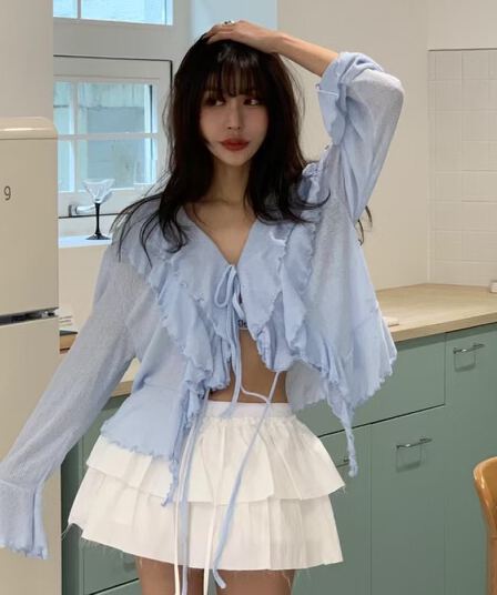 있음 선적 사이즈 업데이트 한국 chic 여름 새로운 달콤함 V넥 레이스업 나팔 소매 긴팔 오픈 가디건