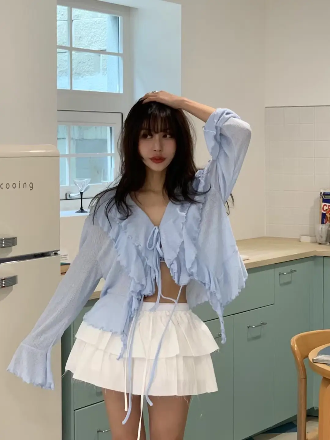 러블리 V넥 끈 디테일 긴소매 가디건 상세 이미지 10