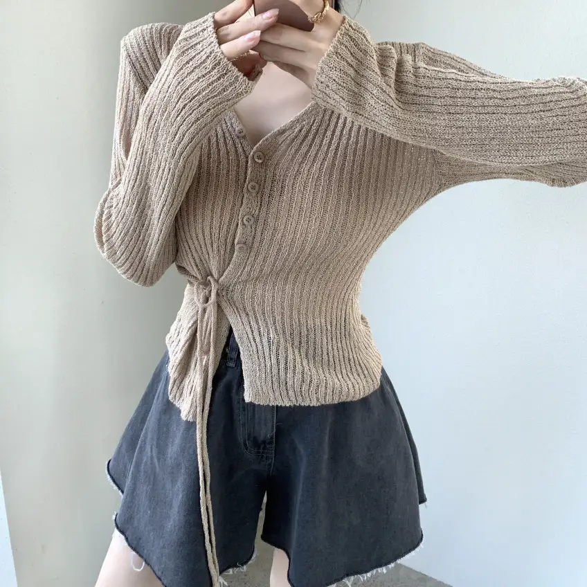 사이드 끈 디테일 긴소매 가디건 (3color) 상세 이미지 10