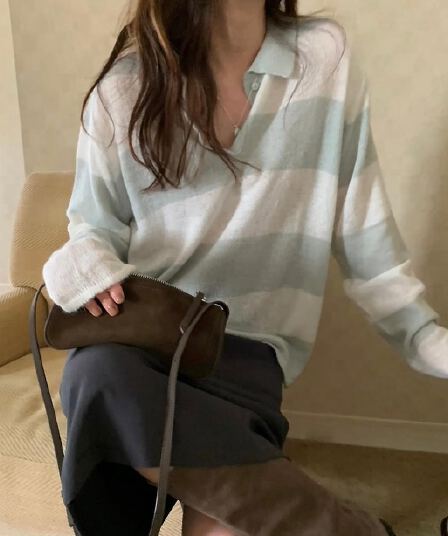 한국 chic 새로운 이른 가을 한 부서 폴로 칼라 스트라이프 루즈핏 긴팔 니트 스웨터