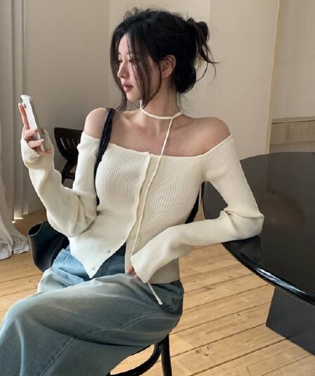 한국 chic 이른 가을 새로운 ins 오프숄더 섹시함 한 단어 행침 목 리본 슬림해 보이는 긴팔 니트 스웨터