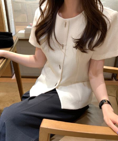 있음 선적 사이즈 업데이트 한국 chic 여름 새로운 프랑스식 작은 샤넬 스타일 라운드 넥 반팔 작은 외투