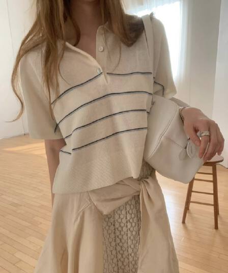 있음 선적 사이즈 업데이트 한국 chic 여름 새로운 POLO 칼라 스트라이프 반팔 얇은 스타일 니트 스웨터