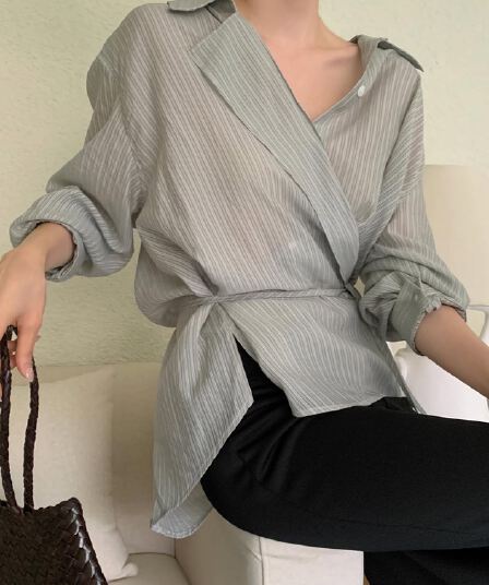 한국 chic 가을 새로운 ins 품격 디자인 센스 불규칙 측면 레이스업 긴팔 셔츠