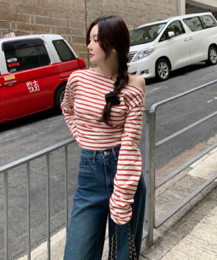 있음 선적 사이즈 업데이트 한국 chic 가을 스트라이프 오프숄더 긴팔 티셔츠 여성 슬림해 보이는 다용도 맨위