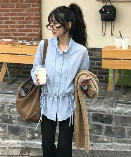 있음 선적 사이즈 업데이트 한국 chic 가을 새로운 품격 슬림해 보이는 허리 수축 레이스업 긴팔 셔츠