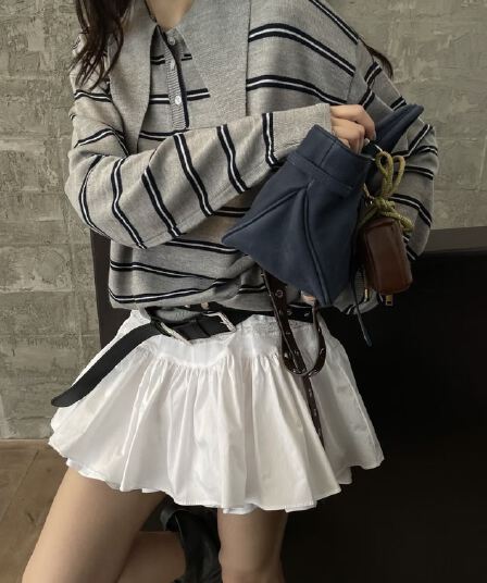 있음 선적 사이즈 업데이트 한국 chic 가을 새로운 레트로 스트라이프 부서 버클 포인터 칼라 루즈핏 긴팔 니트 스웨터