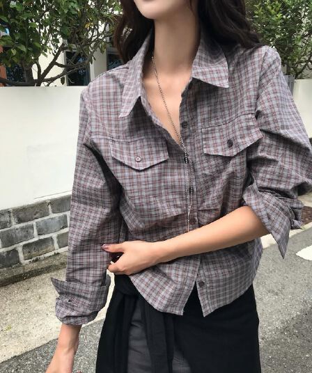 한국 chic 가을 새로운 ins 레트로 체크무늬 슬림해 보이는 주름 다용도 긴팔 셔츠