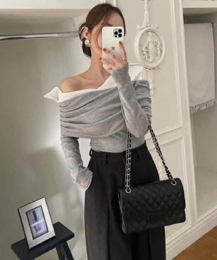 있음 선적 사이즈 업데이트 한국 chic 새로운 레트로 셔츠 폴로 칼라 패치워크 미니멀리즘 오프숄더 긴팔 맨위