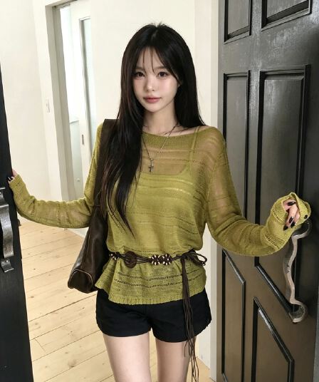 있음 선적 사이즈 업데이트 한국 chic 가을 ins 단색 홀로우 아웃 보트넥 느슨함 센스 긴팔 니트 스웨터