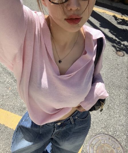있음 선적 사이즈 업데이트 한국 chic 가을 새로운 한 부서 부드러운 바람 폴로 칼라 미니멀리즘 다용도 긴 소매 셔츠