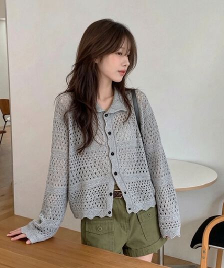 있음 선적 한국 chic 가을 새로운 ins 부드러운 바람 홀로우 아웃 슬림해 보이는 다용도 니트 오픈 가디건