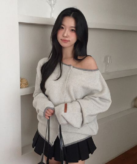 한국 chic 가을 새로운 ins 대 칼라 이슬 쇄골 패치워크 색상 학원 스타일 루즈핏 단추 니트 스웨터