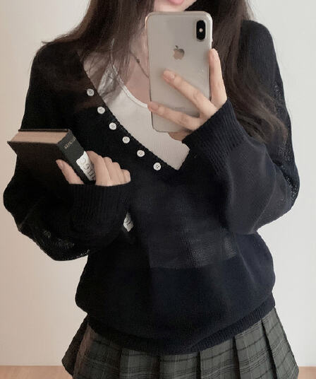 있음 선적 사이즈 업데이트 한국 chic 가을 새로운 빅 브이 넥 단추 느슨함 센스 긴팔 니트 스웨터