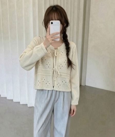 있음 선적 한국 chic 가을 새로운 달콤함 홀로우 아웃 레이스업 나비 매듭 오픈 가디건 니트 재킷