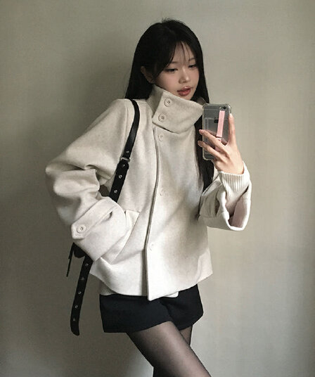 한국 chic 겨울 새로운 스탠드 칼라 플러스 면 단추 모직 외투