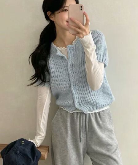 있음 선적 한국 chic 가을 새로운 ins 품격 라운드 넥 반팔 수 있습니다. 스택 가져 가라. 니트 오픈 가디건
