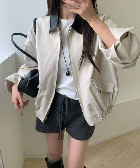 있음 선적 사이즈 업데이트 한국 chic 가을 겨울 새로운 한 부서 루즈핏 배색 싸움 가죽 자켓 재킷