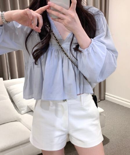 있음 선적 사이즈 업데이트 한국 chic 가을 새로운 V넥 거품 소매 쉬폰 블라우스
