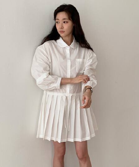 한국 chic 가을 새로운 폴로 칼라 셔츠 플리츠 다용도 드레스