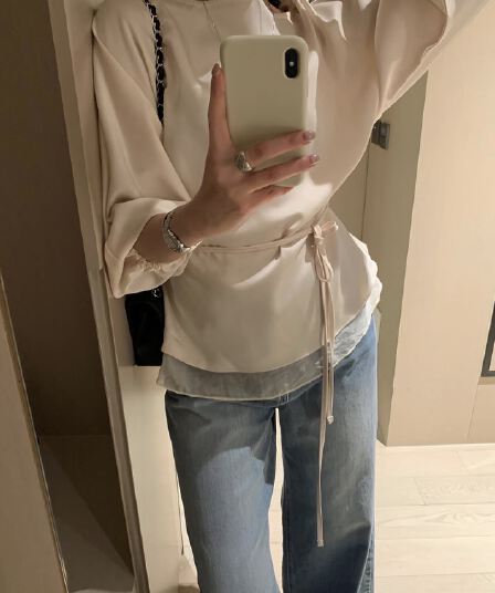 있음 선적 사이즈 업데이트 한국 chic 가을 새로운 라운드 넥 미니멀리즘 패치워크 레이스업 슬림해 보이는 긴 소매 셔츠