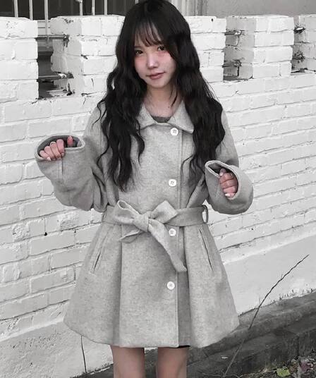 있음 선적 사이즈 업데이트 한국 chic 겨울 레트로 달콤함 캐주얼 루즈핏 얇은 허리 모직 외투