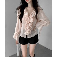韩国chic秋季新款ins甜美V领荷叶花边喇叭袖衬衫