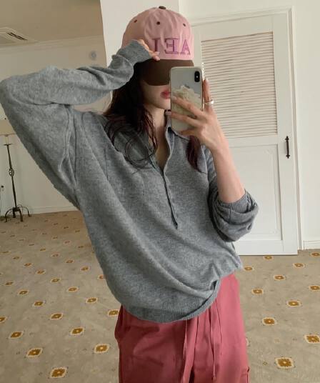 한국 chic 가을 새로운 한 부서 POLO 칼라 단색 느슨함 느긋한 센스 니트 스웨터