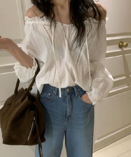 있음 선적 사이즈 업데이트 한국 chic 가을 새로운 한 부서 리본 보트넥 홀로우 아웃 긴팔 셔츠