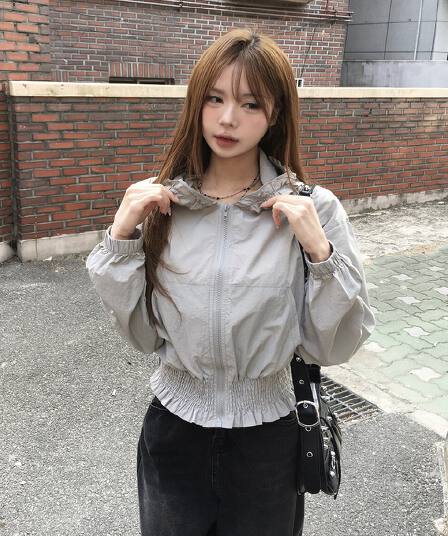 한국 chic 가을 새로운 한 부서 귀여운 목이버섯 레이스 후드 밴딩 허리 수축 짧은 외투