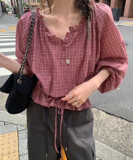 있음 선적 사이즈 업데이트 한국 chic 가을 새로운 한 부서 레트로 체크무늬 허리 수축 레이스 업 셔츠