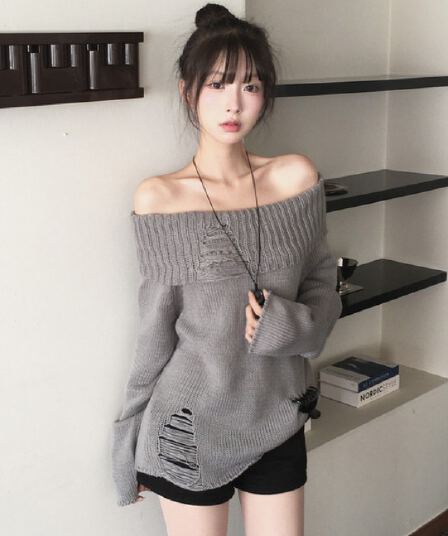 한국 chic 가을 겨울 새로운 한 부서 섹시함 보트넥 찢어진 느슨함 센스 스웨터