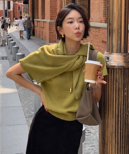 있음 선적 사이즈 업데이트 한국 chic 가을 겨울 스카프 반팔 니트 스웨터 카디건 코트 세 조각 세트