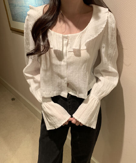 있음 선적 사이즈 업데이트 한국 chic 가을 겨울 새로운 광장 칼라 프릴 나팔 소매 쇼트 스타일 셔츠