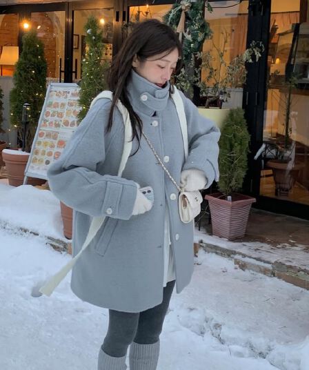 있음 선적 한국 chic 겨울 새로운 한 부서 고급 센스 모직 플러스 면 두꺼운 모직 외투