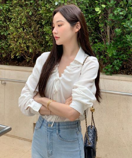 있음 선적 사이즈 업데이트 한국 chic 가을 새로운 품격 V넥 펌프 로프 레이스업 긴팔 셔츠