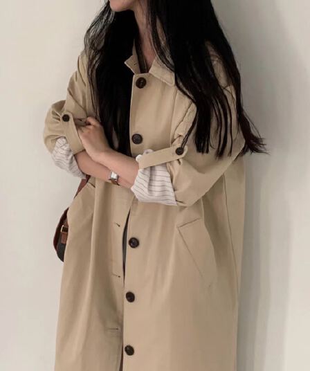 있음 선적 사이즈 업데이트 한국 chic 가을 겨울 한 부서 싱글 줄 버튼 롱 코트 바람막이 루즈핏 캐주얼 재킷