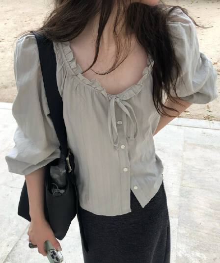 한국 chic 가을 새로운 한 부서 박하 사탕 대 u 칼라 펌프 로프 칼라 셔츠
