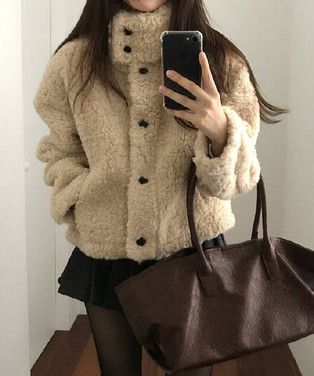 있음 선적 사이즈 업데이트 한국 chic 가을 겨울 한 부서 스탠드 칼라 학원 스타일 쇼트 스타일 양털 보온 재킷