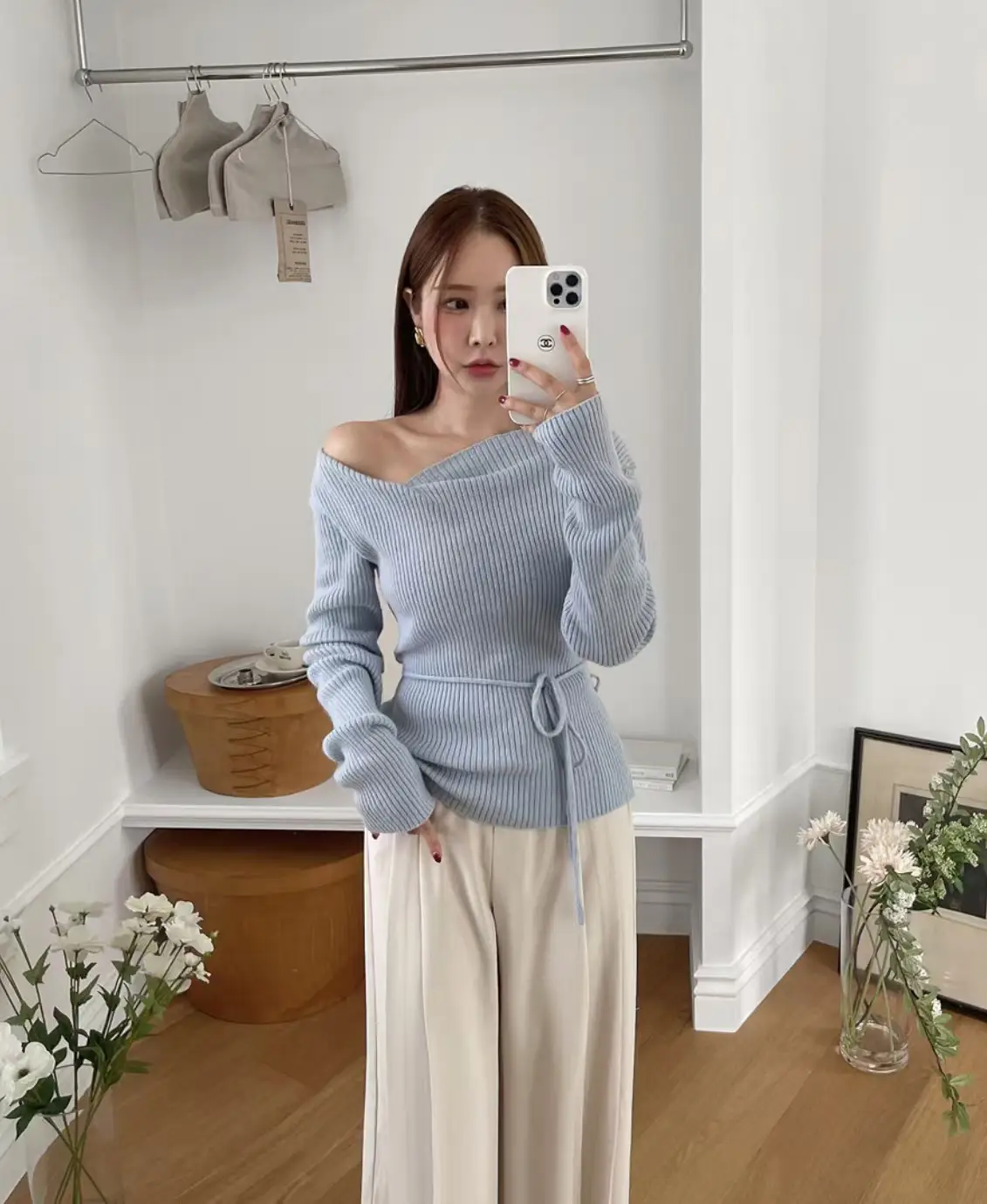 V넥 끈 디테일 긴소매 니트 (4color) 상세 이미지 8