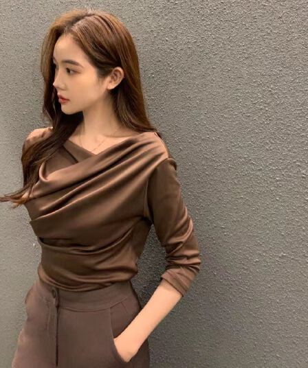 있음 선적 사이즈 업데이트 chic 가을 새로운 주름 칼라 7부 소매 티셔츠 여성 슬림해 보이는 만나는 맨위