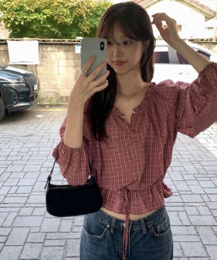 있음 선적 한국 chic 가을 새로운 한 부서 레트로 체크무늬 허리 수축 레이스 업 셔츠
