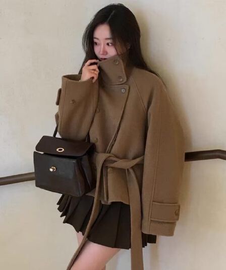 한국 chic 겨울 새로운 스탠드 칼라 이중 버튼 두꺼운 플러스 면 부서 벨트 재킷